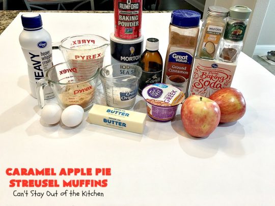 Caramel Apple Pie Streusel Muffins | Can't Stay Out of the Kitchen | these spectacular #muffins taste like eating #CandiedApples but in muffin form! The #recipe includes #CaramelApple #GreekYogurt. Perfect for a #holiday, company or weekend #breakfast. #apples #HolidayBreakfast #EasterBreakfast #MothersDayBreakfast