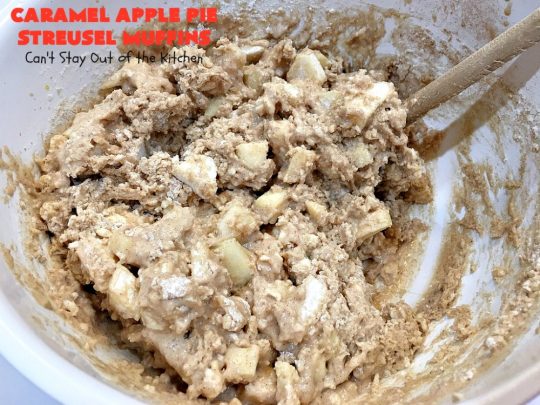 Caramel Apple Pie Streusel Muffins | Can't Stay Out of the Kitchen | these spectacular #muffins taste like eating #CandiedApples but in muffin form! The #recipe includes #CaramelApple #GreekYogurt. Perfect for a #holiday, company or weekend #breakfast. #apples #HolidayBreakfast #EasterBreakfast #MothersDayBreakfast