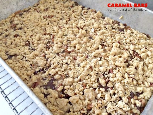 Caramel Bars (a.k.a. Turtle Bars) | Can't Stay Out of the Kitchen | these decadent & divine #brownies are like eating #TurtleCandies! They're filled with #chocolate chips, #caramels & pecans in a scrumptious streusel topping & crust. Perfect for #holiday baking & #Christmas #cookie exchanges.