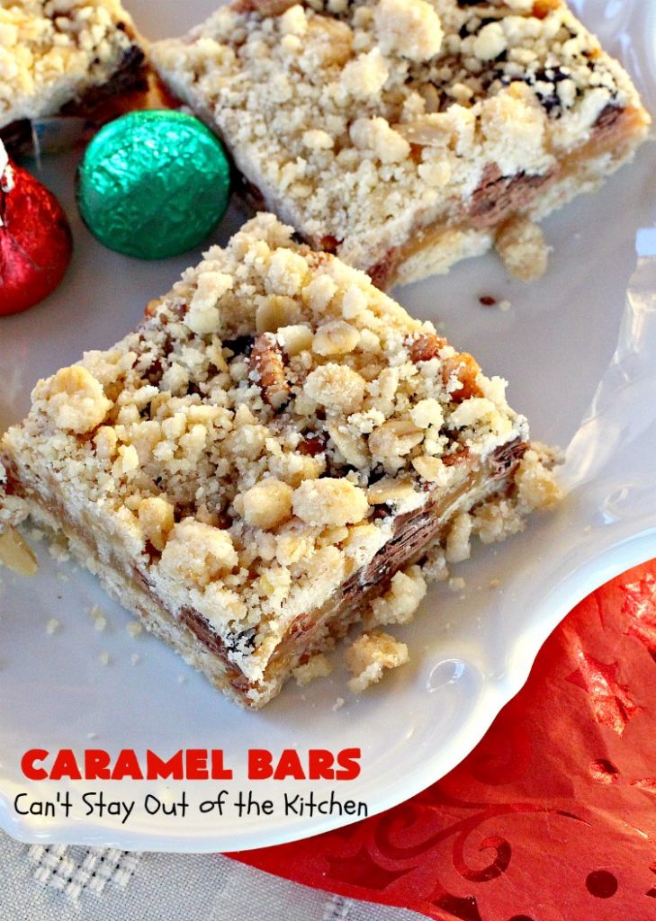 Caramel Bars (a.k.a. Turtle Bars) | Can't Stay Out of the Kitchen | these decadent & divine #brownies are like eating #TurtleCandies! They're filled with #chocolate chips, #caramels & pecans in a scrumptious streusel topping & crust. Perfect for #holiday baking & #Christmas #cookie exchanges.