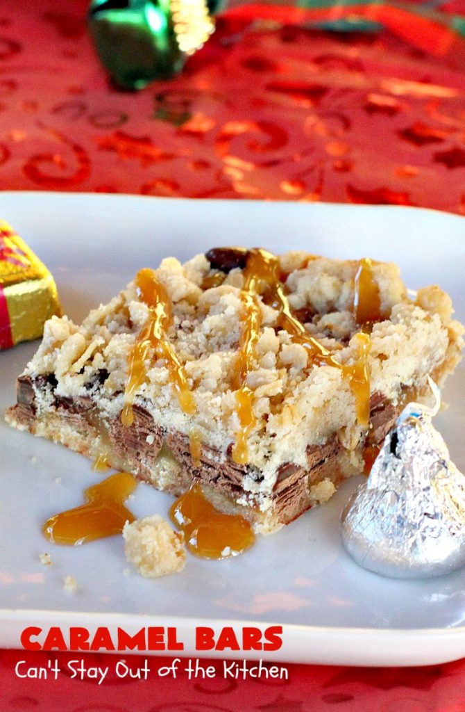 Caramel Bars (a.k.a. Turtle Bars) | Can't Stay Out of the Kitchen | these decadent & divine #brownies are like eating #TurtleCandies! They're filled with #chocolate chips, #caramels & pecans in a scrumptious streusel topping & crust. Perfect for #holiday baking & #Christmas #cookie exchanges.