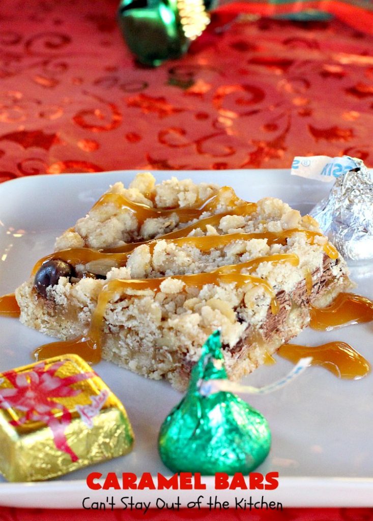Caramel Bars (a.k.a. Turtle Bars) | Can't Stay Out of the Kitchen | these decadent & divine #brownies are like eating #TurtleCandies! They're filled with #chocolate chips, #caramels & pecans in a scrumptious streusel topping & crust. Perfect for #holiday baking & #Christmas #cookie exchanges.