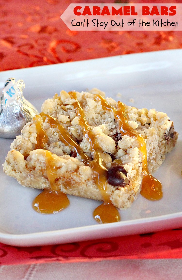 Caramel Bars (a.k.a. Turtle Bars) | Can't Stay Out of the Kitchen | these decadent & divine #brownies are like eating #TurtleCandies! They're filled with #chocolate chips, #caramels & pecans in a scrumptious streusel topping & crust. Perfect for #holiday baking & #Christmas #cookie exchanges.