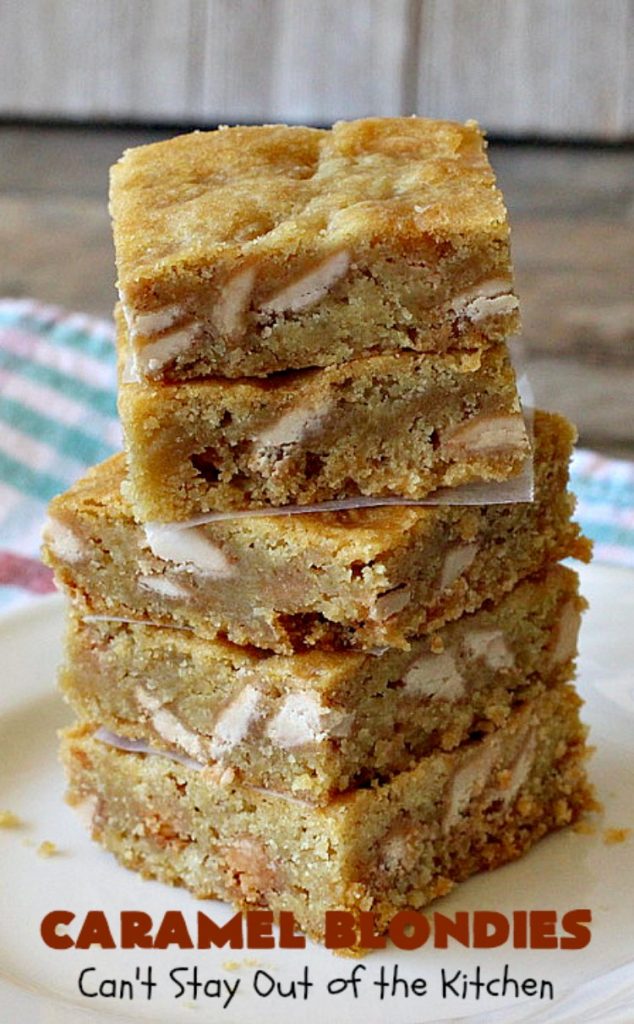 Caramel Blondies | Can't Stay Out of the Kitchen | these fantastic #cookies are made with #Ghirardelli #caramel chips. So awesome! Perfect for #tailgating parties & potlucks. #dessert #carameldessert #falldessert