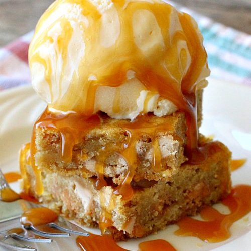 Caramel Blondies | Can't Stay Out of the Kitchen | these fantastic #cookies are made with #Ghirardelli #caramel chips. So awesome! Perfect for #tailgating parties & potlucks. #dessert #carameldessert #falldessert