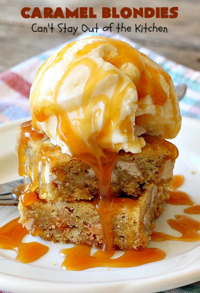 Caramel Blondies | Can't Stay Out of the Kitchen | these fantastic #cookies are made with #Ghirardelli #caramel chips. So awesome! Perfect for #tailgating parties & potlucks. #dessert #carameldessert #falldessert