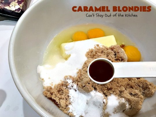 Caramel Blondies | Can't Stay Out of the Kitchen | these fantastic #cookies are made with #Ghirardelli #caramel chips. So awesome! Perfect for #tailgating parties & potlucks. #dessert #carameldessert #falldessert