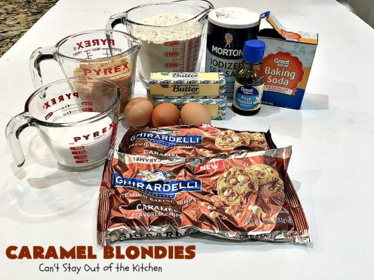 Caramel Blondies | Can't Stay Out of the Kitchen | these fantastic #cookies are made with #Ghirardelli #caramel chips. So awesome! Perfect for #tailgating parties & potlucks. #dessert #carameldessert #falldessert