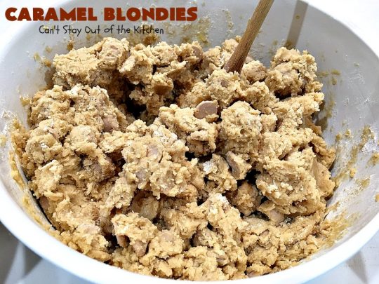 Caramel Blondies | Can't Stay Out of the Kitchen | these fantastic #cookies are made with #Ghirardelli #caramel chips. So awesome! Perfect for #tailgating parties & potlucks. #dessert #carameldessert #falldessert