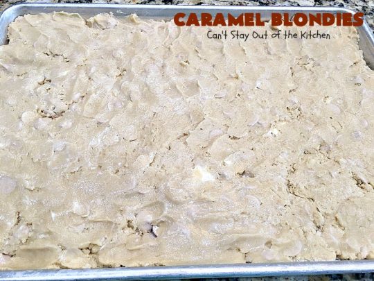 Caramel Blondies | Can't Stay Out of the Kitchen | these fantastic #cookies are made with #Ghirardelli #caramel chips. So awesome! Perfect for #tailgating parties & potlucks. #dessert #carameldessert #falldessert