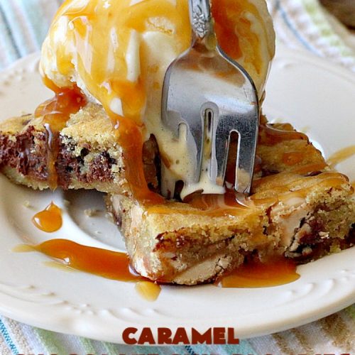 Caramel Chocolate Chip Blondies | Can't Stay Out of the Kitchen | these scrumptious #brownies are filled with #Ghirardelli #caramel chips & #chocolate chips. Terrific #dessert with #icecream & #caramelsauce. #carameldessert #chocolatedessert #tailgating