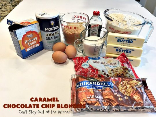 Caramel Chocolate Chip Blondies | Can't Stay Out of the Kitchen | these scrumptious #brownies are filled with #Ghirardelli #caramel chips & #chocolate chips. Terrific #dessert with #icecream & #caramelsauce. #carameldessert #chocolatedessert #tailgating