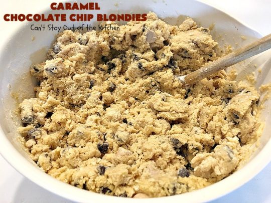 Caramel Chocolate Chip Blondies | Can't Stay Out of the Kitchen | these scrumptious #brownies are filled with #Ghirardelli #caramel chips & #chocolate chips. Terrific #dessert with #icecream & #caramelsauce. #carameldessert #chocolatedessert #tailgating