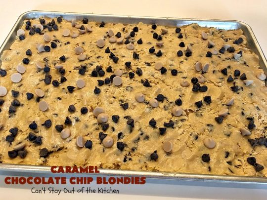 Caramel Chocolate Chip Blondies | Can't Stay Out of the Kitchen | these scrumptious #brownies are filled with #Ghirardelli #caramel chips & #chocolate chips. Terrific #dessert with #icecream & #caramelsauce. #carameldessert #chocolatedessert #tailgating