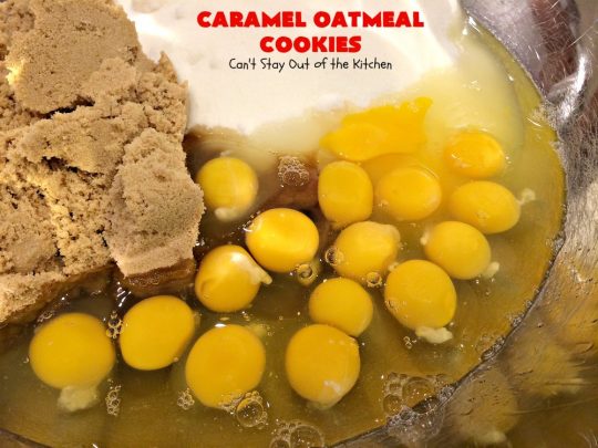 Caramel Oatmeal Cookies | Can't Stay Out of the Kitchen | these fantastic #oatmealcookies contain #caramel bits & vanilla chips adding scrumptious flavors to an old favorite. They're terrific for #holiday baking and #Christmas #cookie exchanges. #dessert