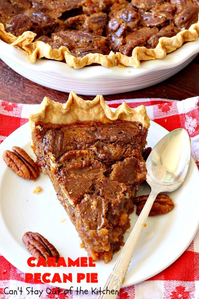 Caramel Pecan Pie | Can't Stay Out of the Kitchen | Oh my gosh! This #PecanPie is rich decadent & divine! It's made with #caramels in the filling. This is a fantastic #dessert for company or #holidays like #Thanksgiving or #Christmas. Wow your family & friends with one of the best pies you'll ever eat! #Pecans #PecanDessert #CaramelPecanPie #GooseberryPatch