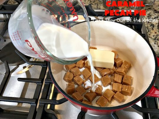 Caramel Pecan Pie | Can't Stay Out of the Kitchen | Oh my gosh! This #PecanPie is rich decadent & divine! It's made with #caramels in the filling. This is a fantastic #dessert for company or #holidays like #Thanksgiving or #Christmas. Wow your family & friends with one of the best pies you'll ever eat! #Pecans #PecanDessert #CaramelPecanPie #GooseberryPatch