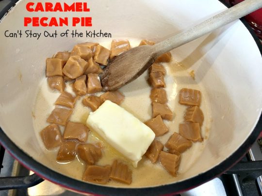 Caramel Pecan Pie | Can't Stay Out of the Kitchen | Oh my gosh! This #PecanPie is rich decadent & divine! It's made with #caramels in the filling. This is a fantastic #dessert for company or #holidays like #Thanksgiving or #Christmas. Wow your family & friends with one of the best pies you'll ever eat! #Pecans #PecanDessert #CaramelPecanPie #GooseberryPatch