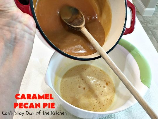 Caramel Pecan Pie | Can't Stay Out of the Kitchen | Oh my gosh! This #PecanPie is rich decadent & divine! It's made with #caramels in the filling. This is a fantastic #dessert for company or #holidays like #Thanksgiving or #Christmas. Wow your family & friends with one of the best pies you'll ever eat! #Pecans #PecanDessert #CaramelPecanPie #GooseberryPatch