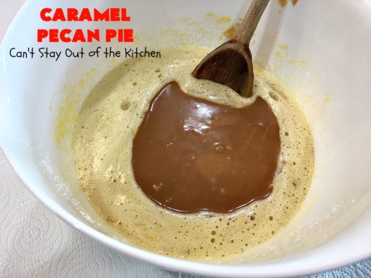 Caramel Pecan Pie | Can't Stay Out of the Kitchen | Oh my gosh! This #PecanPie is rich decadent & divine! It's made with #caramels in the filling. This is a fantastic #dessert for company or #holidays like #Thanksgiving or #Christmas. Wow your family & friends with one of the best pies you'll ever eat! #Pecans #PecanDessert #CaramelPecanPie #GooseberryPatch