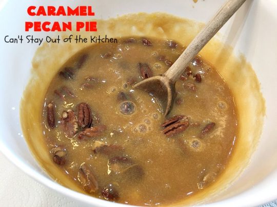 Caramel Pecan Pie | Can't Stay Out of the Kitchen | Oh my gosh! This #PecanPie is rich decadent & divine! It's made with #caramels in the filling. This is a fantastic #dessert for company or #holidays like #Thanksgiving or #Christmas. Wow your family & friends with one of the best pies you'll ever eat! #Pecans #PecanDessert #CaramelPecanPie #GooseberryPatch