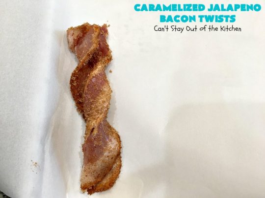 Caramelized Jalapeno Bacon Twists | Can't Stay Out of the Kitchen | this sensational 3 ingredient #appetizer is perfect for any #tailgating or #holiday party. It's quick & easy to make and has enough heat to keep it interesting. #TexMex #jalapenos #bacon #GlutenFree #3IngredientRecipe #HolidayAppetizer #GlutenFreeAppetizer #CaramelizedJalapenoBaconTwists
