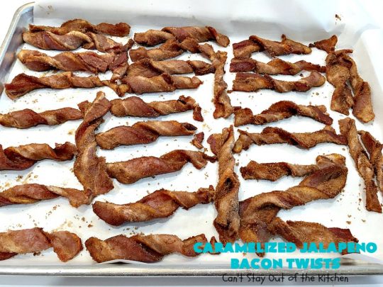 Caramelized Jalapeno Bacon Twists | Can't Stay Out of the Kitchen | this sensational 3 ingredient #appetizer is perfect for any #tailgating or #holiday party. It's quick & easy to make and has enough heat to keep it interesting. #TexMex #jalapenos #bacon #GlutenFree #3IngredientRecipe #HolidayAppetizer #GlutenFreeAppetizer #CaramelizedJalapenoBaconTwists