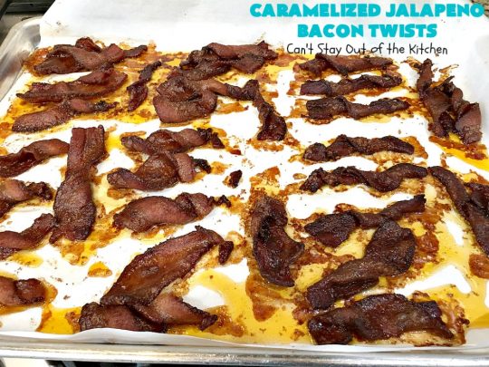 Caramelized Jalapeno Bacon Twists | Can't Stay Out of the Kitchen | this sensational 3 ingredient #appetizer is perfect for any #tailgating or #holiday party. It's quick & easy to make and has enough heat to keep it interesting. #TexMex #jalapenos #bacon #GlutenFree #3IngredientRecipe #HolidayAppetizer #GlutenFreeAppetizer #CaramelizedJalapenoBaconTwists