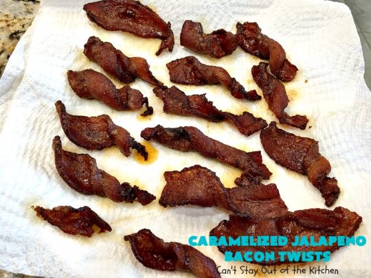 Caramelized Jalapeno Bacon Twists | Can't Stay Out of the Kitchen | this sensational 3 ingredient #appetizer is perfect for any #tailgating or #holiday party. It's quick & easy to make and has enough heat to keep it interesting. #TexMex #jalapenos #bacon #GlutenFree #3IngredientRecipe #HolidayAppetizer #GlutenFreeAppetizer #CaramelizedJalapenoBaconTwists