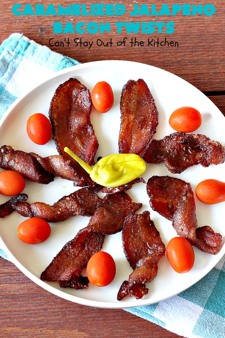 Caramelized Jalapeno Bacon Twists | Can't Stay Out of the Kitchen | this sensational 3 ingredient #appetizer is perfect for any #tailgating or #holiday party. It's quick & easy to make and has enough heat to keep it interesting. #TexMex #jalapenos #bacon #GlutenFree #3IngredientRecipe #HolidayAppetizer #GlutenFreeAppetizer #CaramelizedJalapenoBaconTwists