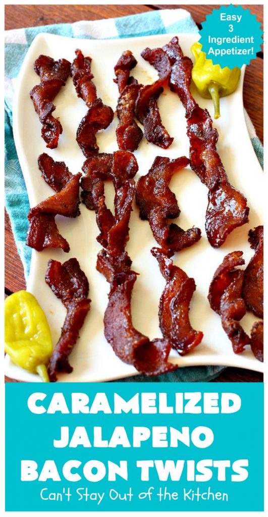 Caramelized Jalapeno Bacon Twists | Can't Stay Out of the Kitchen | this sensational 3 ingredient #appetizer is perfect for any #tailgating or #holiday party. It's quick & easy to make and has enough heat to keep it interesting. #TexMex #jalapenos #bacon #GlutenFree #3IngredientRecipe #HolidayAppetizer #GlutenFreeAppetizer #CaramelizedJalapenoBaconTwists