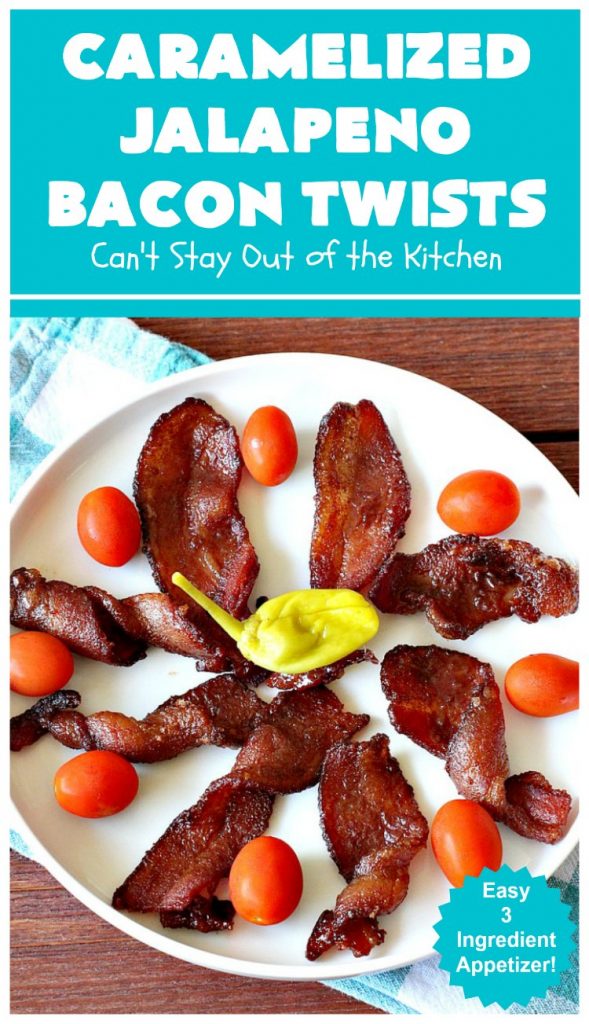 Caramelized Jalapeno Bacon Twists | Can't Stay Out of the Kitchen | this sensational 3 ingredient #appetizer is perfect for any #tailgating or #holiday party. It's quick & easy to make and has enough heat to keep it interesting. #TexMex #jalapenos #bacon #GlutenFree #3IngredientRecipe #HolidayAppetizer #GlutenFreeAppetizer #CaramelizedJalapenoBaconTwists