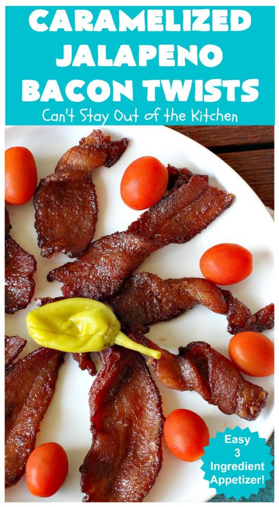 Caramelized Jalapeno Bacon Twists | Can't Stay Out of the Kitchen | this sensational 3 ingredient #appetizer is perfect for any #tailgating or #holiday party. It's quick & easy to make and has enough heat to keep it interesting. #TexMex #jalapenos #bacon #GlutenFree #3IngredientRecipe #HolidayAppetizer #GlutenFreeAppetizer #CaramelizedJalapenoBaconTwists