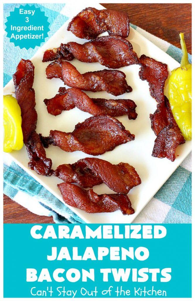 Caramelized Jalapeno Bacon Twists | Can't Stay Out of the Kitchen | this sensational 3 ingredient #appetizer is perfect for any #tailgating or #holiday party. It's quick & easy to make and has enough heat to keep it interesting. #TexMex #jalapenos #bacon #GlutenFree #3IngredientRecipe #HolidayAppetizer #GlutenFreeAppetizer #CaramelizedJalapenoBaconTwists