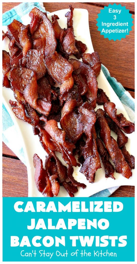 Caramelized Jalapeno Bacon Twists | Can't Stay Out of the Kitchen | this sensational 3 ingredient #appetizer is perfect for any #tailgating or #holiday party. It's quick & easy to make and has enough heat to keep it interesting. #TexMex #jalapenos #bacon #GlutenFree #3IngredientRecipe #HolidayAppetizer #GlutenFreeAppetizer #CaramelizedJalapenoBaconTwists