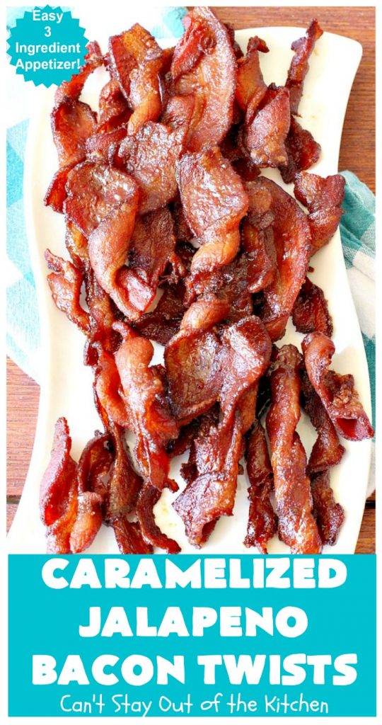Caramelized Jalapeno Bacon Twists | Can't Stay Out of the Kitchen | this sensational 3 ingredient #appetizer is perfect for any #tailgating or #holiday party. It's quick & easy to make and has enough heat to keep it interesting. #TexMex #jalapenos #bacon #GlutenFree #3IngredientRecipe #HolidayAppetizer #GlutenFreeAppetizer #CaramelizedJalapenoBaconTwists