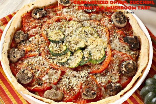Caramelized Onion, Zucchini, Tomato and Mushroom Tart | Can't Stay Out of the Kitchen | this lovely, mouthwatering tart is filled with #tomatoes, #zucchini, #mushrooms, #CaramelizedOnions & 4 kinds of #cheese. Terrific for a #holiday or company #breakfast or for a #MeatlessMonday entree. #FontinaCheese #ParmesanCheese #AsiagoCheese #RomanoCheese #CaramelizedOnionZucchiniTomatoAndMushroomTart