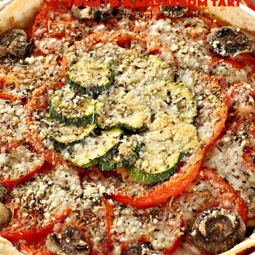 Caramelized Onion, Zucchini, Tomato and Mushroom Tart | Can't Stay Out of the Kitchen | this lovely, mouthwatering tart is filled with #tomatoes, #zucchini, #mushrooms, #CaramelizedOnions & 4 kinds of #cheese. Terrific for a #holiday or company #breakfast or for a #MeatlessMonday entree. #FontinaCheese #ParmesanCheese #AsiagoCheese #RomanoCheese #CaramelizedOnionZucchiniTomatoAndMushroomTart
