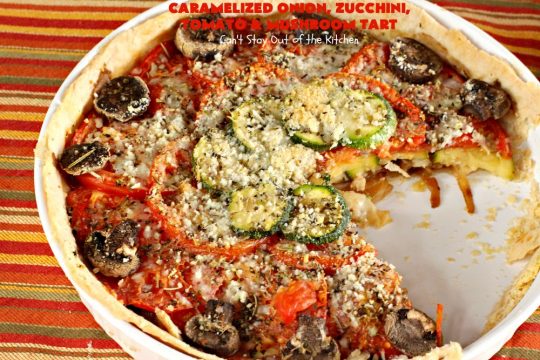 Caramelized Onion, Zucchini, Tomato and Mushroom Tart | Can't Stay Out of the Kitchen | this lovely, mouthwatering tart is filled with #tomatoes, #zucchini, #mushrooms, #CaramelizedOnions & 4 kinds of #cheese. Terrific for a #holiday or company #breakfast or for a #MeatlessMonday entree. #FontinaCheese #ParmesanCheese #AsiagoCheese #RomanoCheese #CaramelizedOnionZucchiniTomatoAndMushroomTart