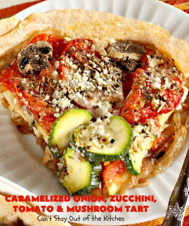 Caramelized Onion, Zucchini, Tomato and Mushroom Tart | Can't Stay Out of the Kitchen | this lovely, mouthwatering tart is filled with #tomatoes, #zucchini, #mushrooms, #CaramelizedOnions & 4 kinds of #cheese. Terrific for a #holiday or company #breakfast or for a #MeatlessMonday entree. #FontinaCheese #ParmesanCheese #AsiagoCheese #RomanoCheese #CaramelizedOnionZucchiniTomatoAndMushroomTart