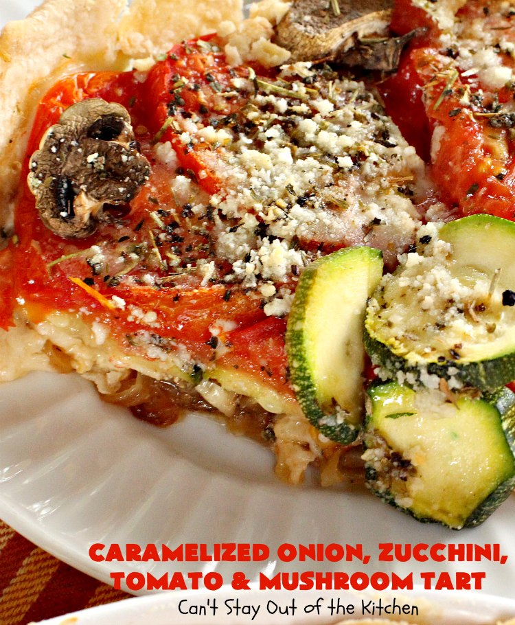 Caramelized Onion, Zucchini, Tomato and Mushroom Tart | Can't Stay Out of the Kitchen | this lovely, mouthwatering tart is filled with #tomatoes, #zucchini, #mushrooms, #CaramelizedOnions & 4 kinds of #cheese. Terrific for a #holiday or company #breakfast or for a #MeatlessMonday entree. #FontinaCheese #ParmesanCheese #AsiagoCheese #RomanoCheese #CaramelizedOnionZucchiniTomatoAndMushroomTart