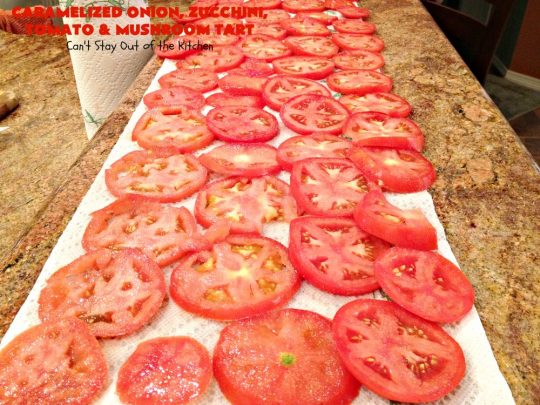 Caramelized Onion, Zucchini, Tomato and Mushroom Tart | Can't Stay Out of the Kitchen | this lovely, mouthwatering tart is filled with #tomatoes, #zucchini, #mushrooms, #CaramelizedOnions & 4 kinds of #cheese. Terrific for a #holiday or company #breakfast or for a #MeatlessMonday entree. #FontinaCheese #ParmesanCheese #AsiagoCheese #RomanoCheese #CaramelizedOnionZucchiniTomatoAndMushroomTart