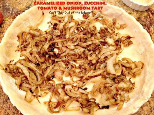 Caramelized Onion, Zucchini, Tomato and Mushroom Tart | Can't Stay Out of the Kitchen | this lovely, mouthwatering tart is filled with #tomatoes, #zucchini, #mushrooms, #CaramelizedOnions & 4 kinds of #cheese. Terrific for a #holiday or company #breakfast or for a #MeatlessMonday entree. #FontinaCheese #ParmesanCheese #AsiagoCheese #RomanoCheese #CaramelizedOnionZucchiniTomatoAndMushroomTart