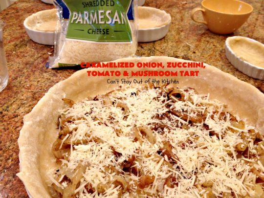 Caramelized Onion, Zucchini, Tomato and Mushroom Tart | Can't Stay Out of the Kitchen | this lovely, mouthwatering tart is filled with #tomatoes, #zucchini, #mushrooms, #CaramelizedOnions & 4 kinds of #cheese. Terrific for a #holiday or company #breakfast or for a #MeatlessMonday entree. #FontinaCheese #ParmesanCheese #AsiagoCheese #RomanoCheese #CaramelizedOnionZucchiniTomatoAndMushroomTart