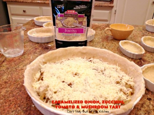Caramelized Onion, Zucchini, Tomato and Mushroom Tart | Can't Stay Out of the Kitchen | this lovely, mouthwatering tart is filled with #tomatoes, #zucchini, #mushrooms, #CaramelizedOnions & 4 kinds of #cheese. Terrific for a #holiday or company #breakfast or for a #MeatlessMonday entree. #FontinaCheese #ParmesanCheese #AsiagoCheese #RomanoCheese #CaramelizedOnionZucchiniTomatoAndMushroomTart