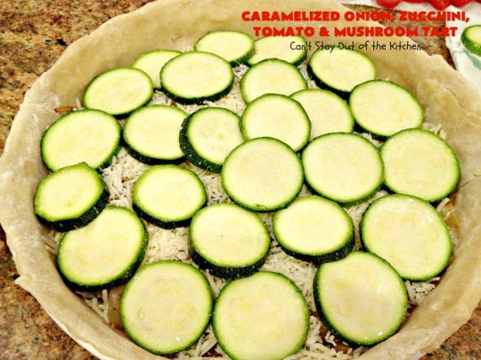 Caramelized Onion, Zucchini, Tomato and Mushroom Tart | Can't Stay Out of the Kitchen | this lovely, mouthwatering tart is filled with #tomatoes, #zucchini, #mushrooms, #CaramelizedOnions & 4 kinds of #cheese. Terrific for a #holiday or company #breakfast or for a #MeatlessMonday entree. #FontinaCheese #ParmesanCheese #AsiagoCheese #RomanoCheese #CaramelizedOnionZucchiniTomatoAndMushroomTart