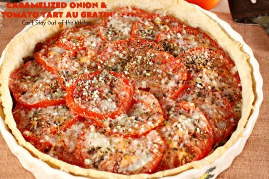 Caramelized Onion and Tomato Tart Au Gratin | Can't Stay Out of the Kitchen | this delectable tart is filled with #tomatoes, 4 cheeses & #CaramelizedOnions. It is so mouthwatering. Good as a #SideDish or for #Breakfast. #TomatoTart #TomatoPie #RomanoCheese #ParmesanCheese #AsiagoCheese #FontinaCheese #Holiday #HolidaySideDish #HolidayBreakfast #Easter #MothersDay