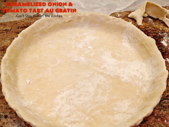 Caramelized Onion and Tomato Tart Au Gratin | Can't Stay Out of the Kitchen | this delectable tart is filled with #tomatoes, 4 cheeses & #CaramelizedOnions. It is so mouthwatering. Good as a #SideDish or for #Breakfast. #TomatoTart #TomatoPie #RomanoCheese #ParmesanCheese #AsiagoCheese #FontinaCheese #Holiday #HolidaySideDish #HolidayBreakfast #Easter #MothersDay