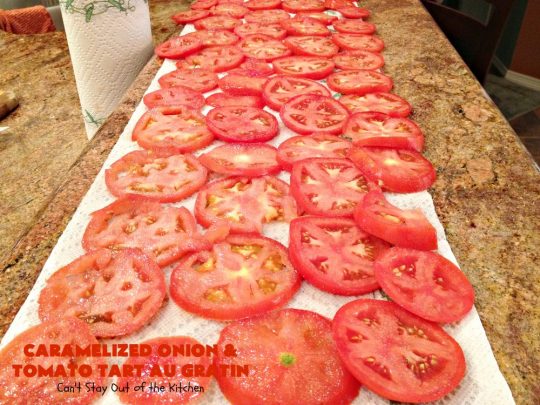 Caramelized Onion and Tomato Tart Au Gratin | Can't Stay Out of the Kitchen | this delectable tart is filled with #tomatoes, 4 cheeses & #CaramelizedOnions. It is so mouthwatering. Good as a #SideDish or for #Breakfast. #TomatoTart #TomatoPie #RomanoCheese #ParmesanCheese #AsiagoCheese #FontinaCheese #Holiday #HolidaySideDish #HolidayBreakfast #Easter #MothersDay