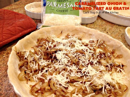 Caramelized Onion and Tomato Tart Au Gratin | Can't Stay Out of the Kitchen | this delectable tart is filled with #tomatoes, 4 cheeses & #CaramelizedOnions. It is so mouthwatering. Good as a #SideDish or for #Breakfast. #TomatoTart #TomatoPie #RomanoCheese #ParmesanCheese #AsiagoCheese #FontinaCheese #Holiday #HolidaySideDish #HolidayBreakfast #Easter #MothersDay
